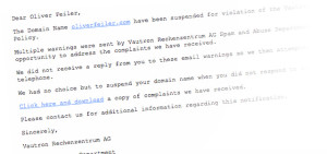 Trojaner-Mail: „Domain have been suspended“